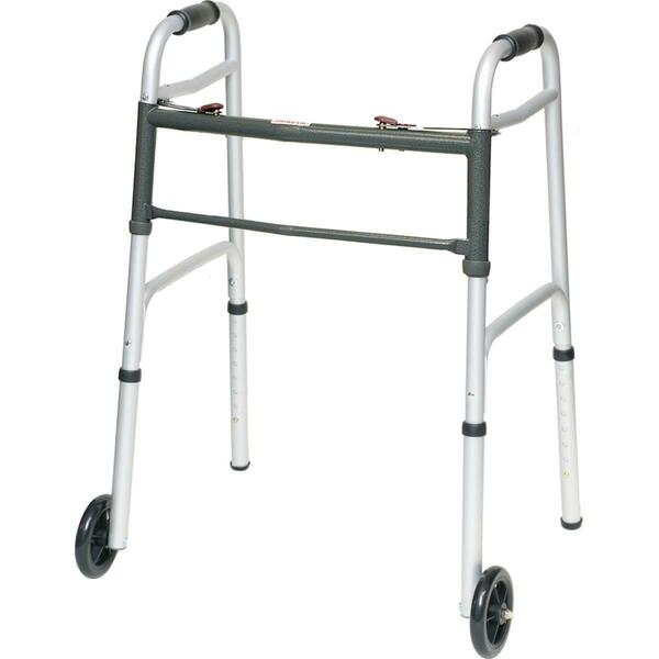 Roscoe Medical 300 lb Two Button with Wheels Walker, Aluminum Adult, 4PK WKAAW2B